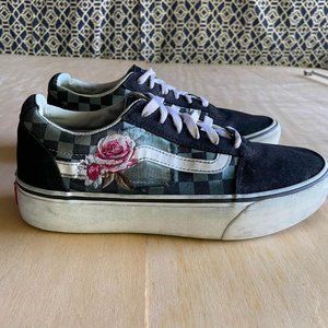 Platform Checkered Vans with Embroidered Rose